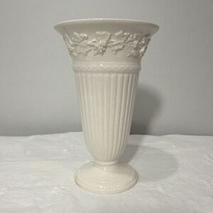 Wedgwood Embossed Queens Ware White Floral Trumpet Bud Vase 7 In